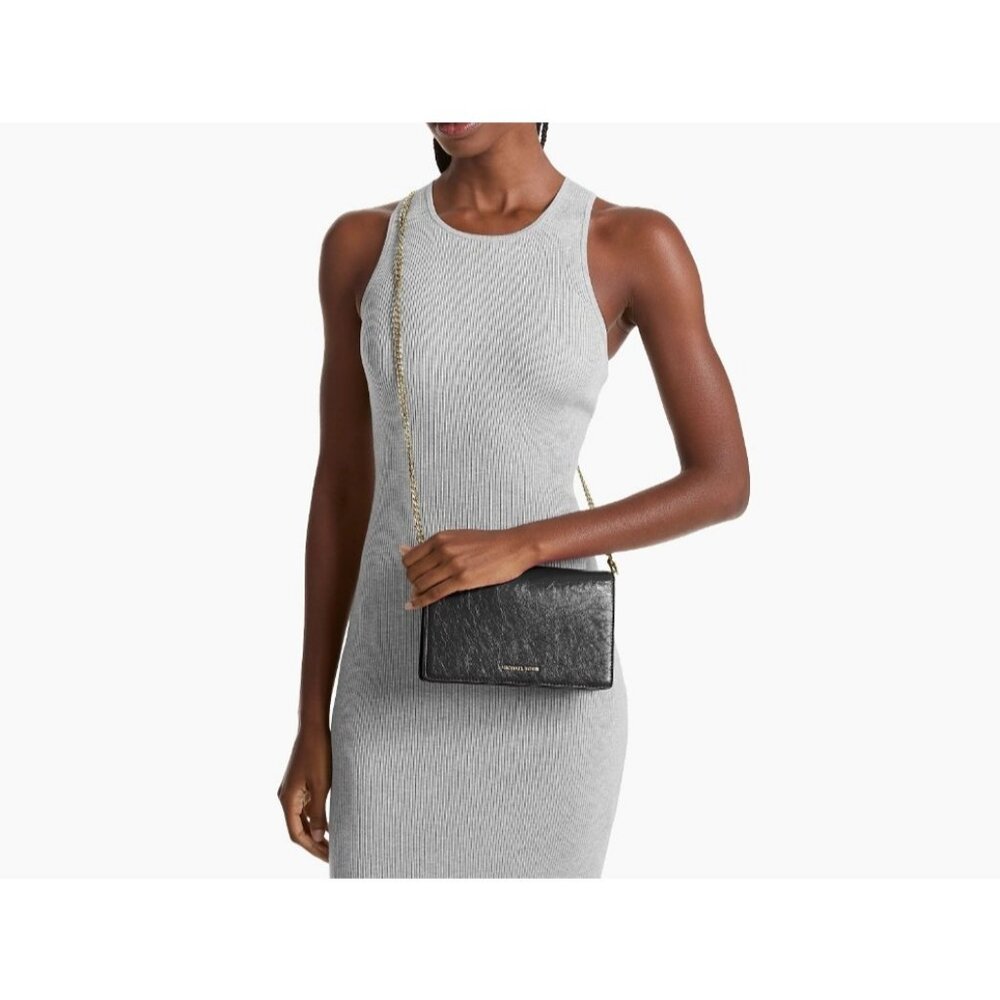 MICHAEL KORS Jet Set crinkle leather flap chain link crossbody bag - BLACK
